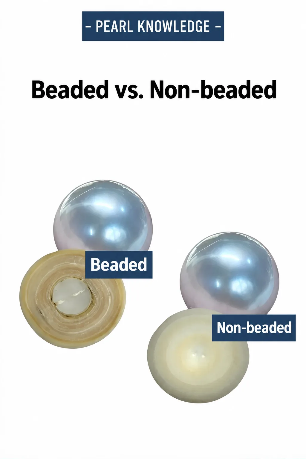 Cross-section comparison of a bead-nucleated cultured pearl and a non-beaded cultured pearl