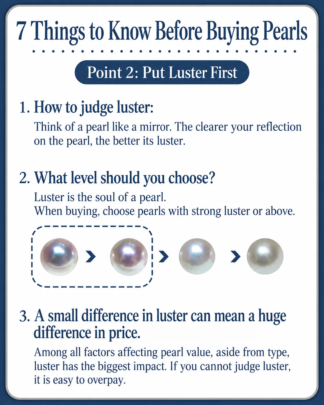 Pearl luster comparison showing very strong, strong, medium and soft luster