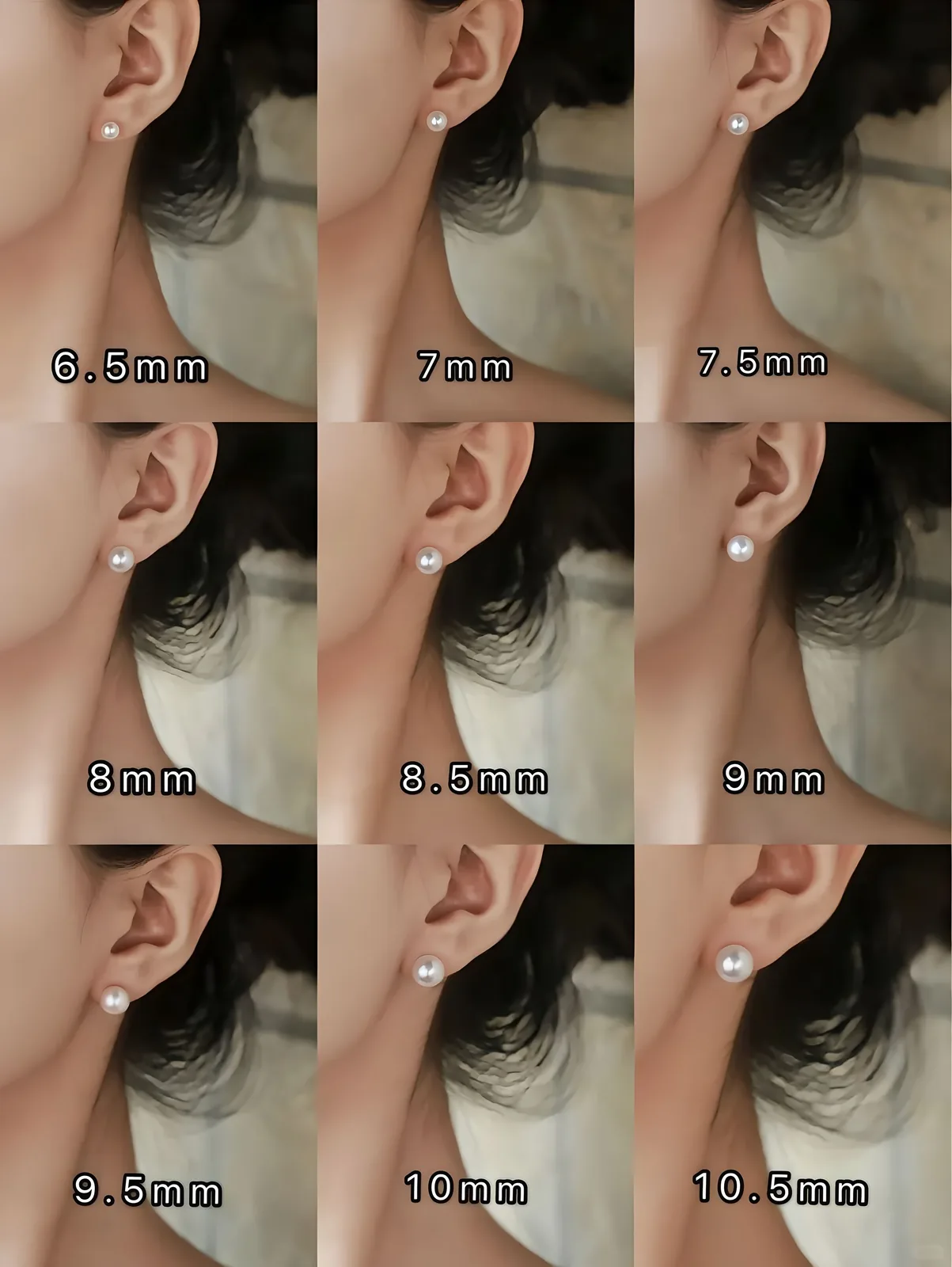 White pearl stud earrings from 6.5 mm to 10.5 mm compared on the same ear