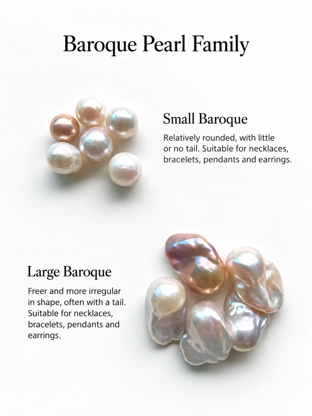 Small baroque and large baroque freshwater pearls compared by shape