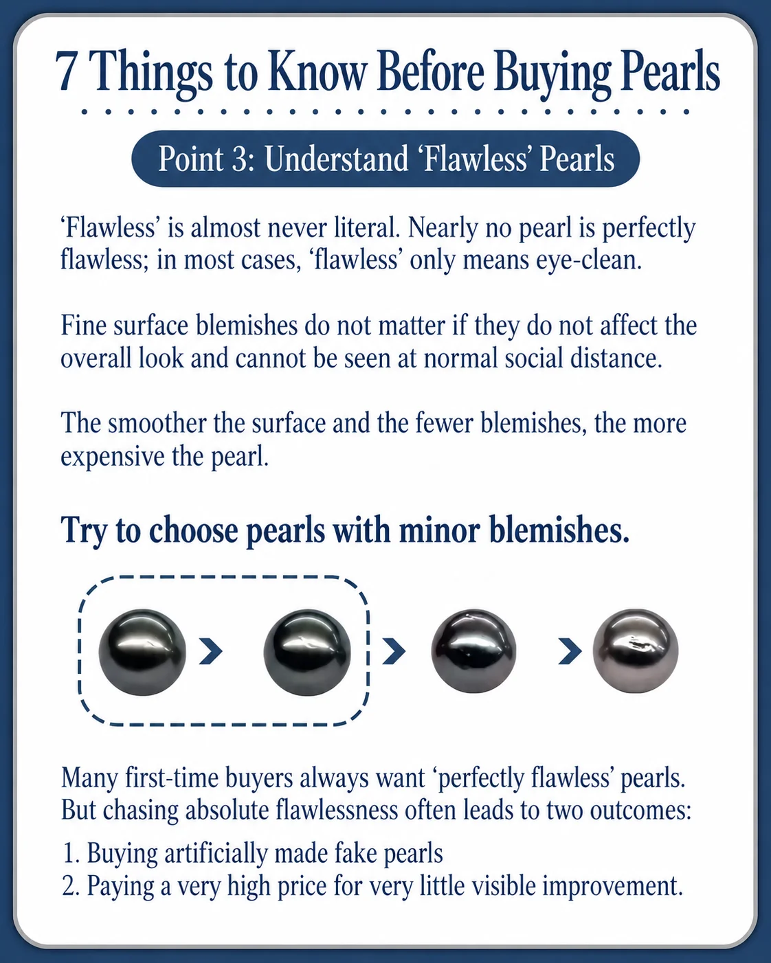 Pearl surface comparison showing eye-clean, minor, moderate and heavy blemishes