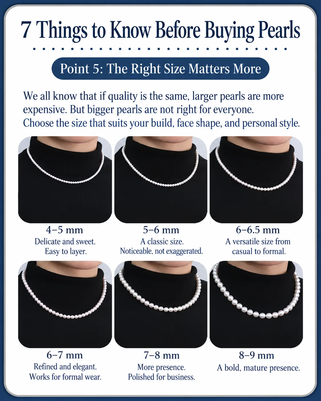 Pearl size guide from 4 to 9 millimeters with examples of how different sizes look