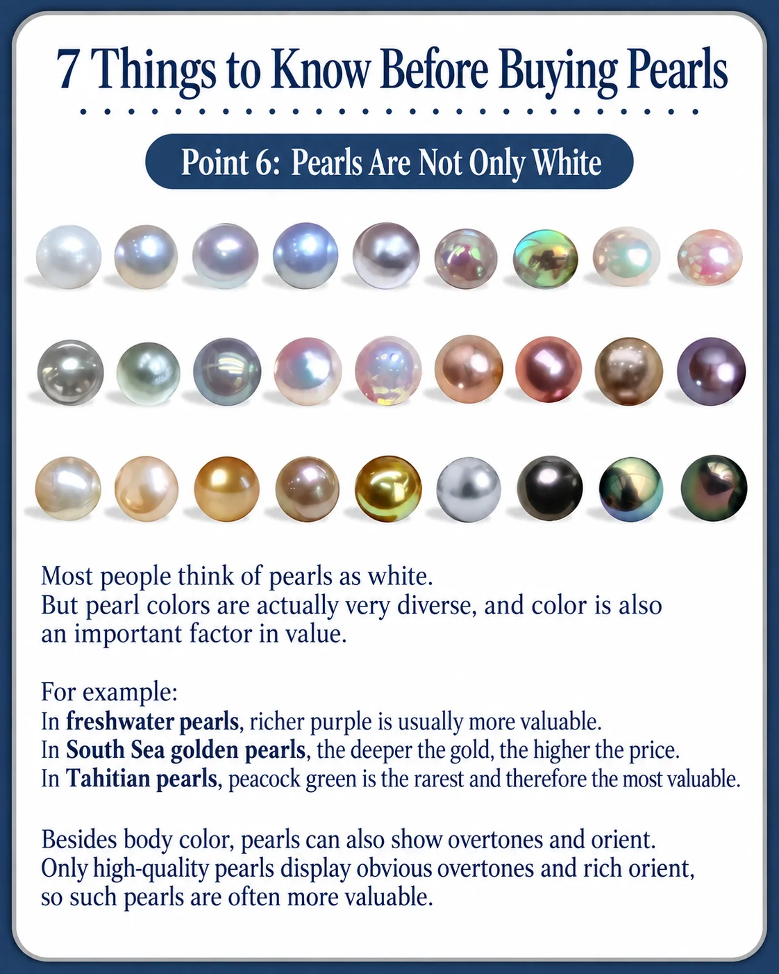 Pearl color guide showing common freshwater, South Sea and Tahitian pearl colors and how color can affect value