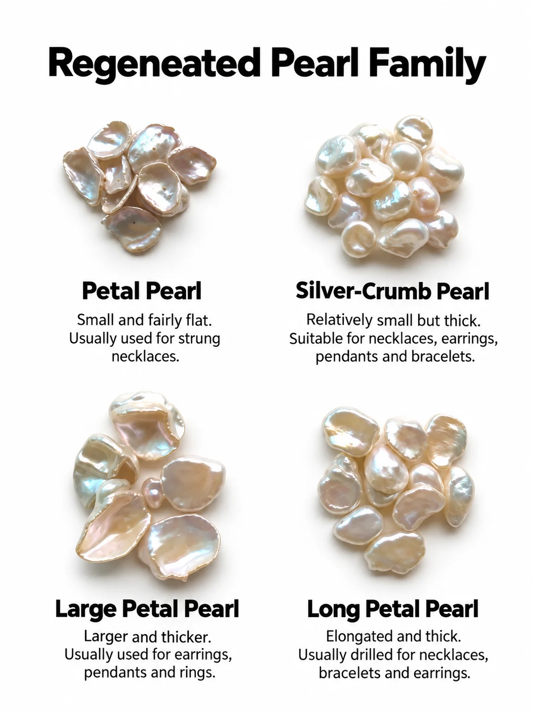 Regenerated pearl family showing petal pearl, silver-crumb pearl, large petal pearl and long petal pearl