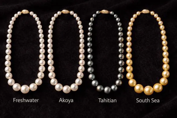 Freshwater, Akoya, Tahitian, and golden South Sea pearl necklaces compared side by side