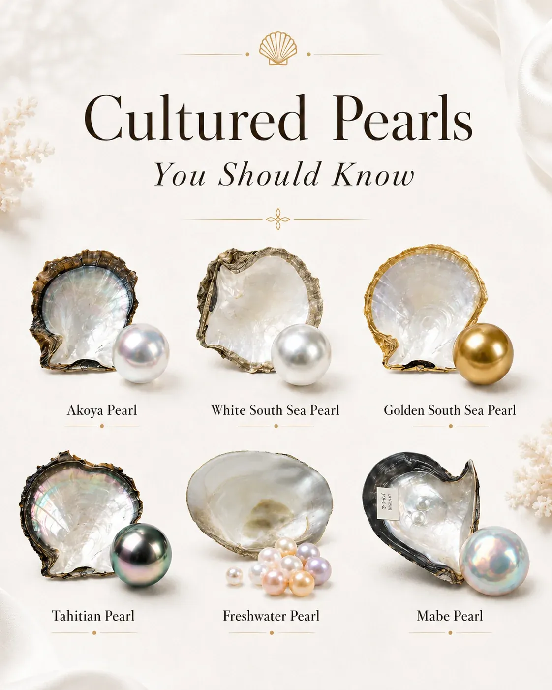 Cultured pearl types shown with their shells: Akoya, white and golden South Sea, Tahitian, freshwater, and mabe