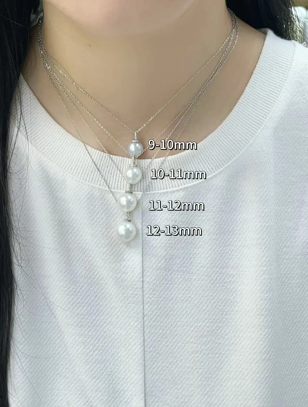 Pearl pendant size comparison on the body from about 9 mm to 13 mm