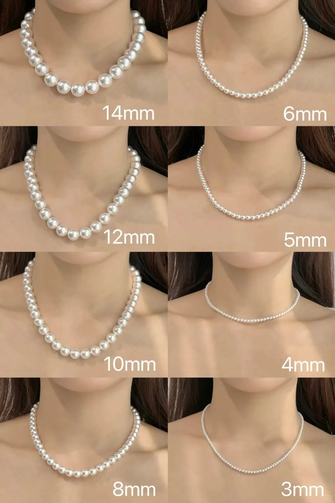 Pearl necklace strand size comparison from 3 mm to 14 mm