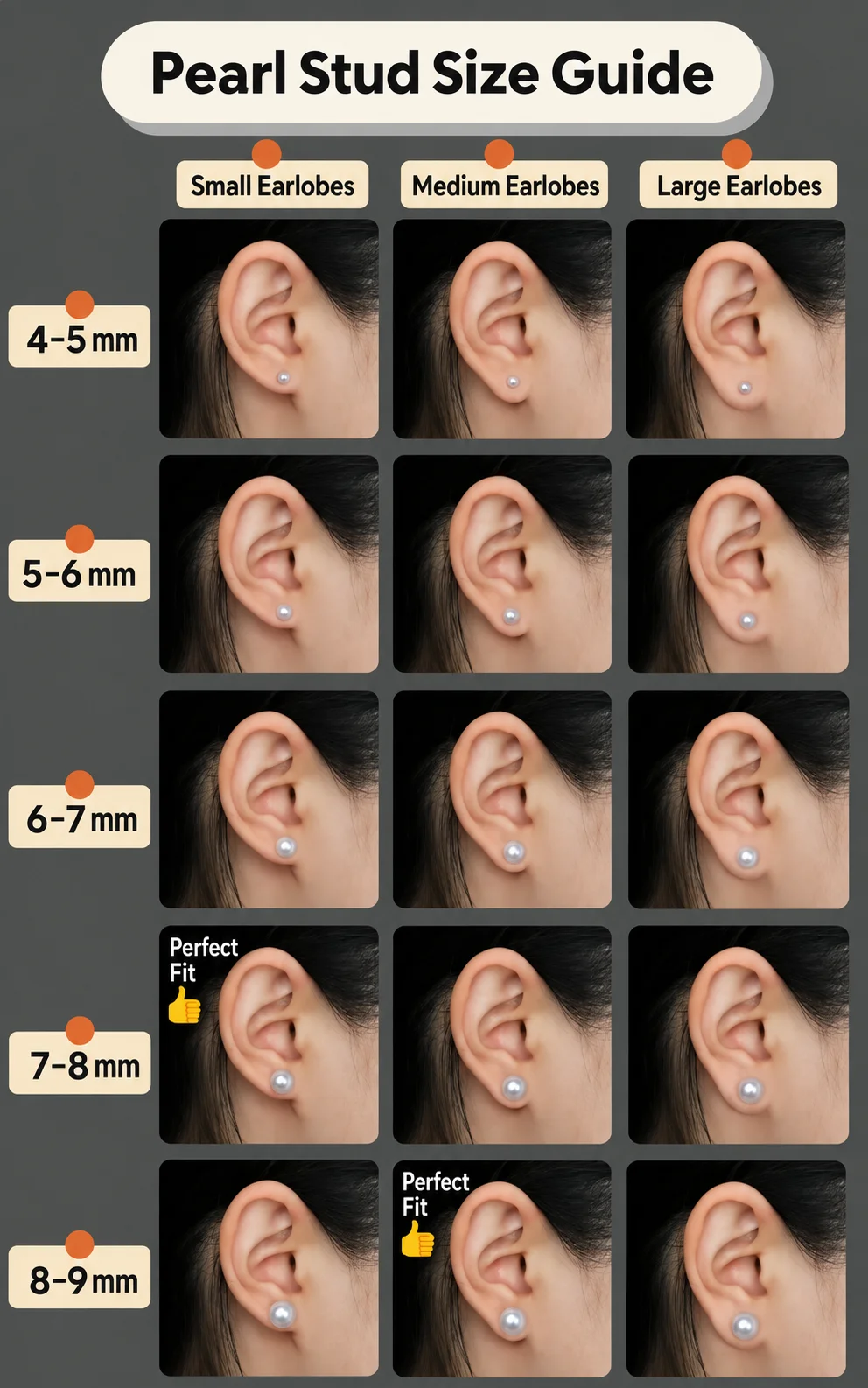 Pearl stud size guide for small, medium, and large earlobes