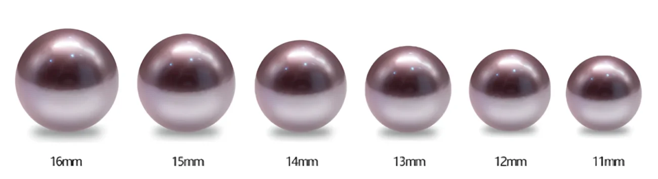 Purple Edison pearls shown by size from 11 mm to 16 mm