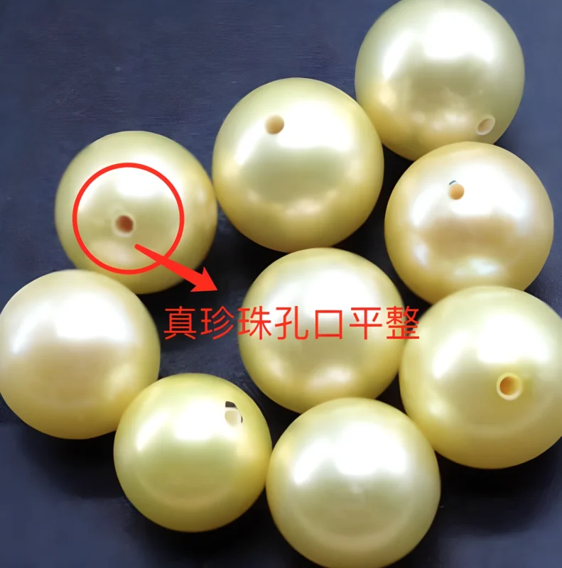 Comparison of real pearl drill hole structure with cleaner nacre edge