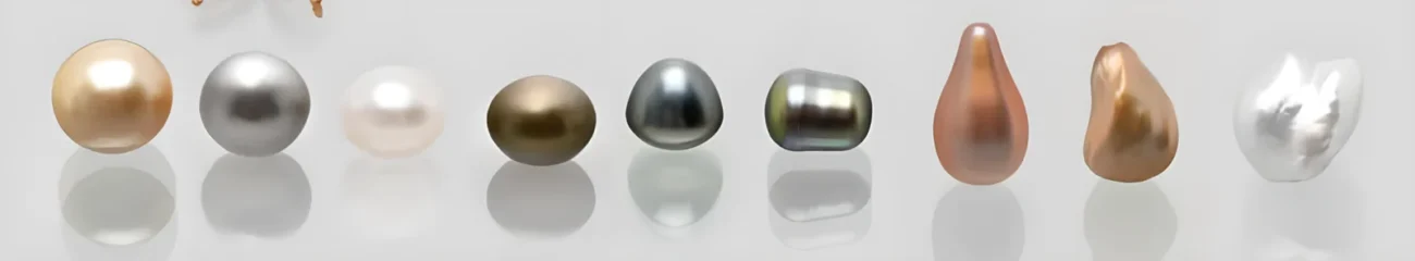 pearl shape chart showing round near-round oval button drop circled ringed baroque and mabe pearls