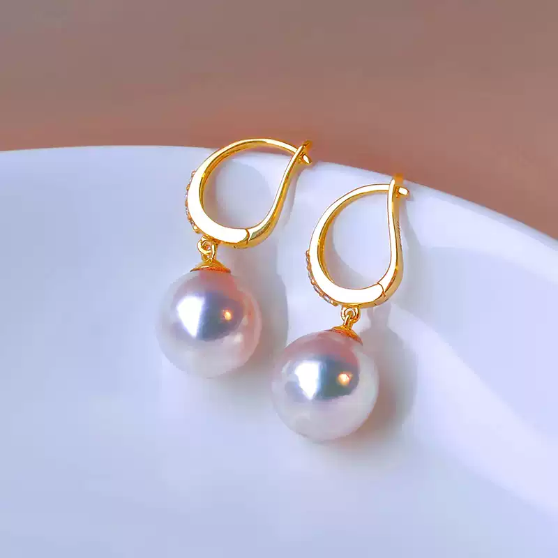 Akoya Pearl Hoop and Stud Earrings in 18K Yellow Gold with Cubic Zirconia