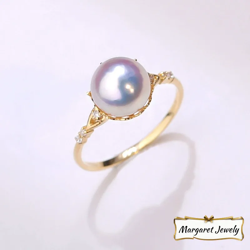 Hanadama Akoya Crown Pearl Ring in 18K Yellow Gold