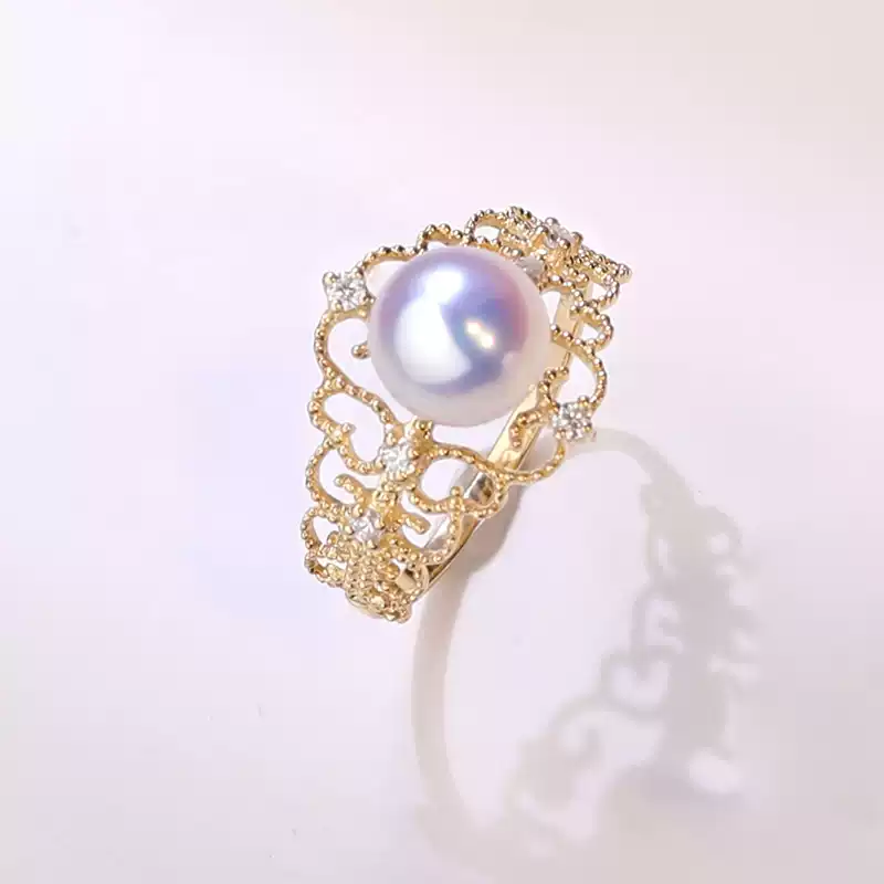 Akoya Openwork Pearl Ring in 18K Yellow Gold