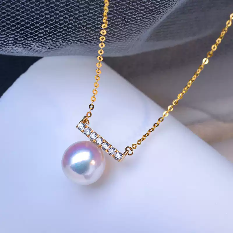 Akoya Light Bulb Pearl Pendant Choker in 18K Yellow Gold with Diamond Accent