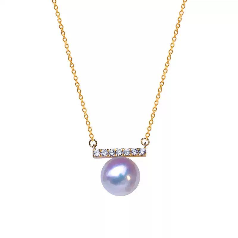 Akoya Light Bulb Pearl Pendant Choker in 18K Yellow Gold with Diamond Accent