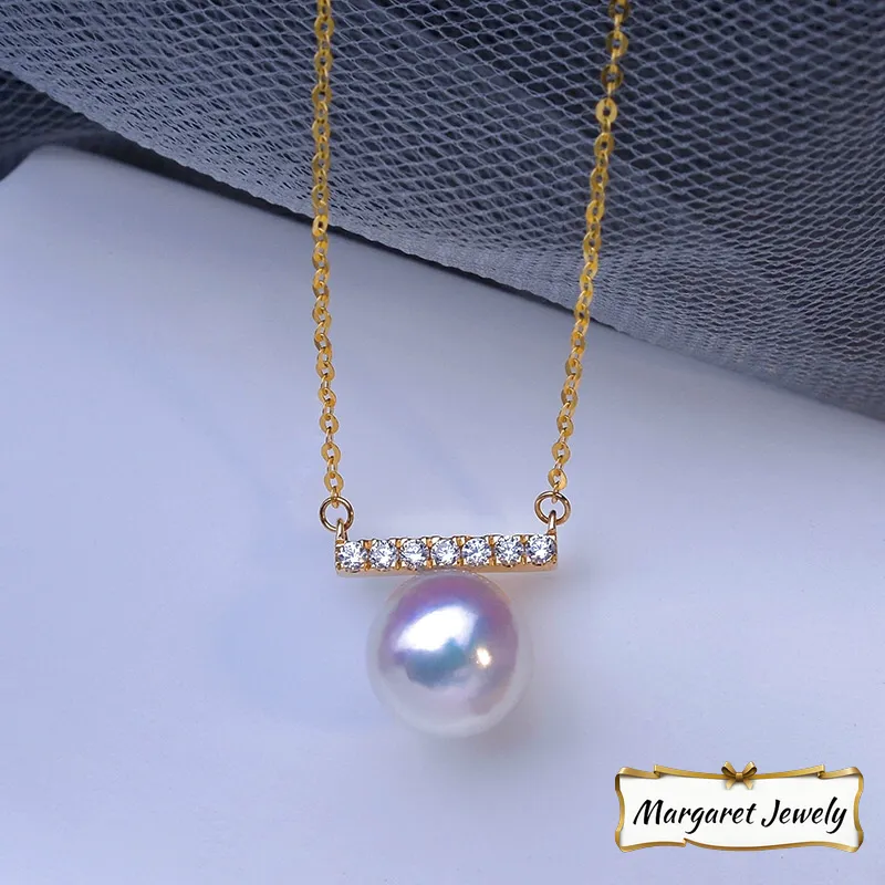 Akoya Light Bulb Pearl Pendant Choker in 18K Yellow Gold with Diamond Accent