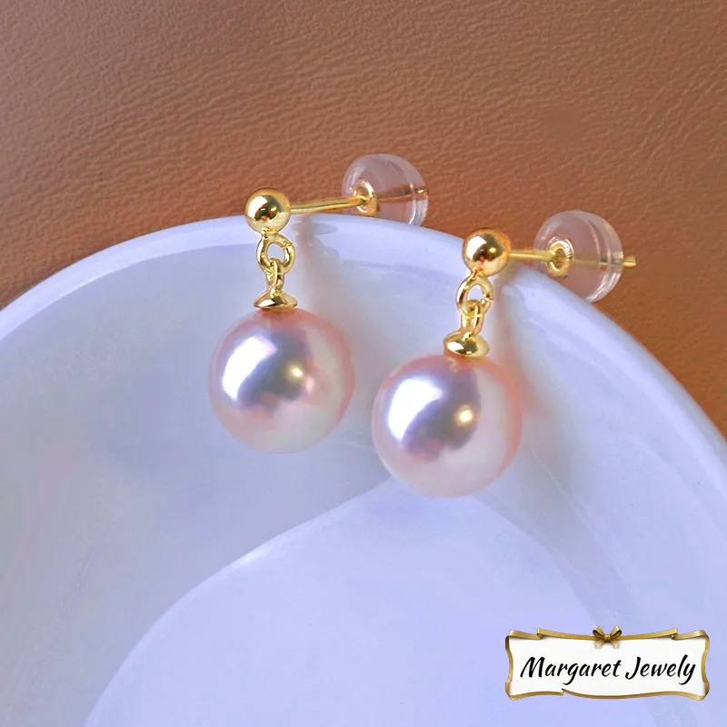 Akoya Pearl Drop Earrings in 18K Yellow Gold with 6-8.5 mm Pearls