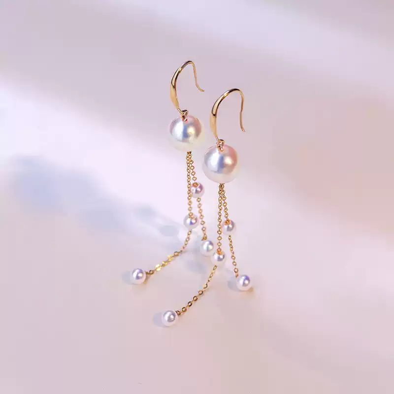 Akoya Pearl Tassel Earrings in 18K Yellow Gold