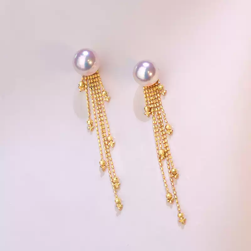 Hanadama Akoya Light Bulb Pearl Tassel Earrings in 18K Gold