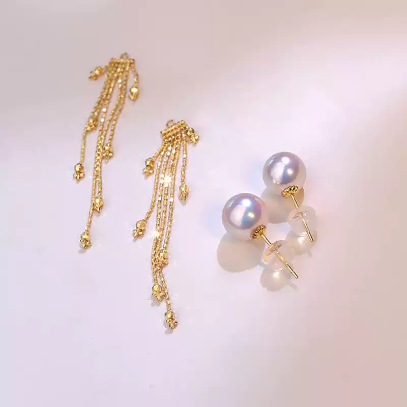 Hanadama Akoya Light Bulb Pearl Tassel Earrings in 18K Gold
