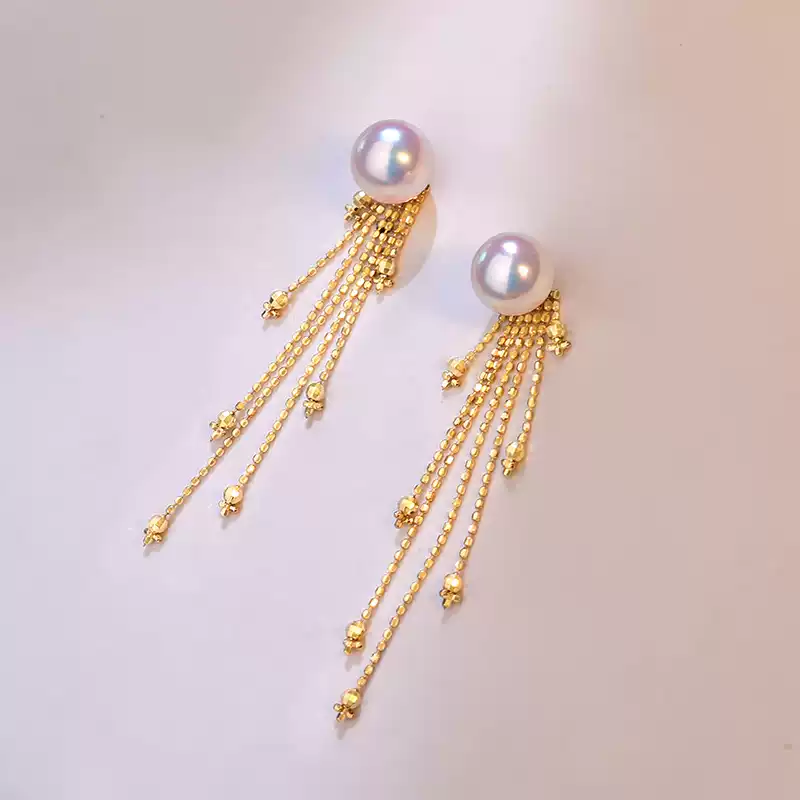 Hanadama Akoya Light Bulb Pearl Tassel Earrings in 18K Gold
