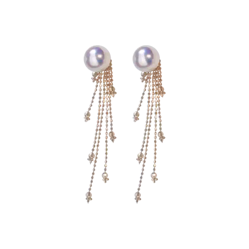 Hanadama Akoya Light Bulb Pearl Tassel Earrings in 18K Gold