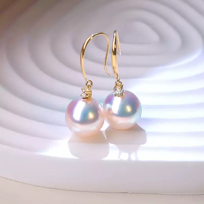 Akoya Pearl Hook Earrings in 18K Yellow Gold with Diamond Accent