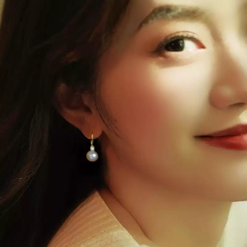 Akoya Pearl Hook Earrings in 18K Yellow Gold with Diamond Accent