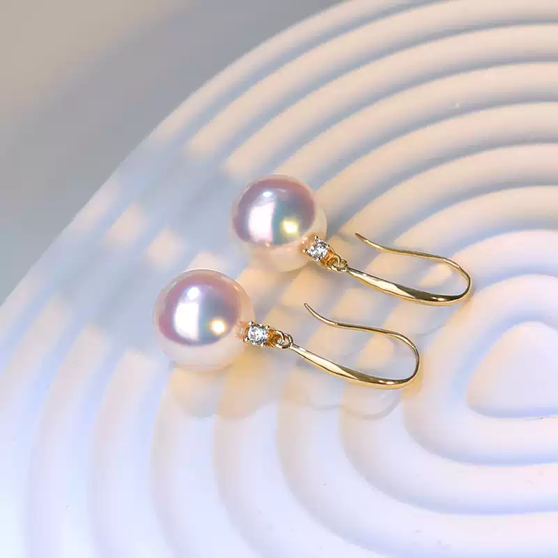 Akoya Pearl Hook Earrings in 18K Yellow Gold with Diamond Accent