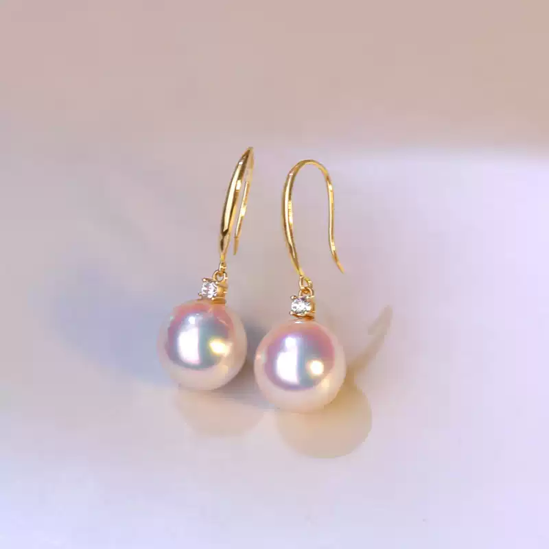 Akoya Pearl Hook Earrings in 18K Yellow Gold with Diamond Accent