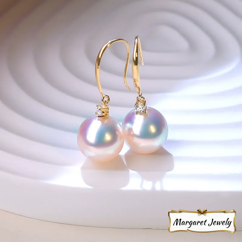 Akoya Pearl Hook Earrings in 18K Yellow Gold with Diamond Accent