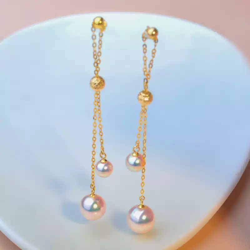 Akoya Pearl Tassel Earrings in 18K Yellow Gold with 4.5-7.5 mm Pearls