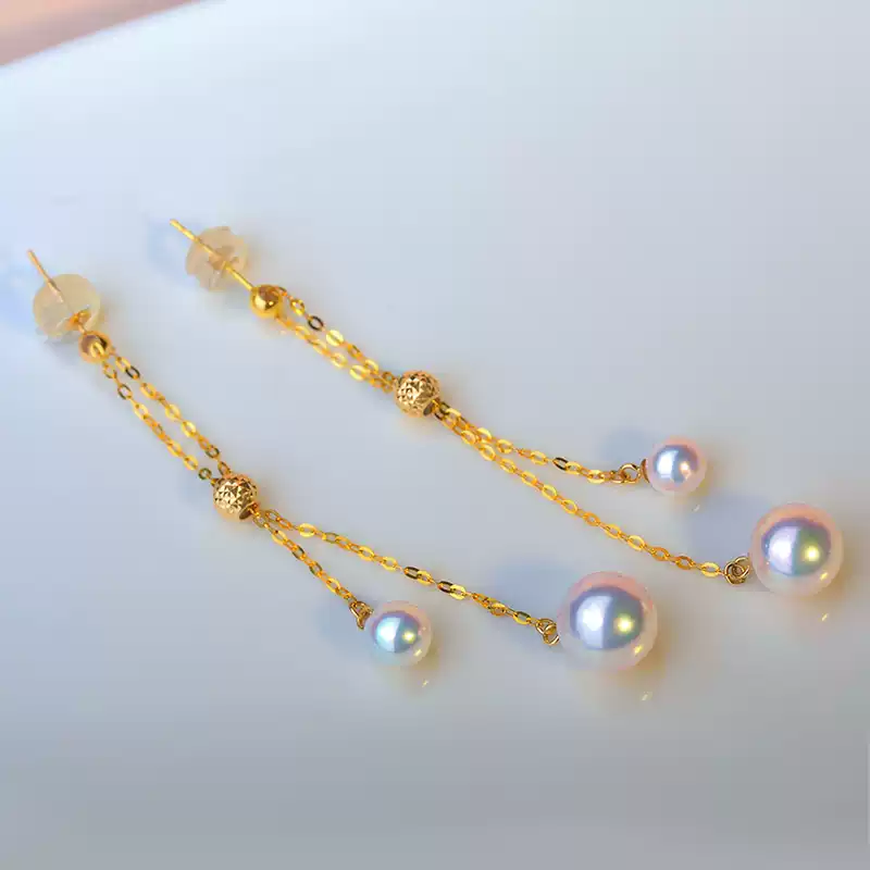 Akoya Pearl Tassel Earrings in 18K Yellow Gold with 4.5-7.5 mm Pearls