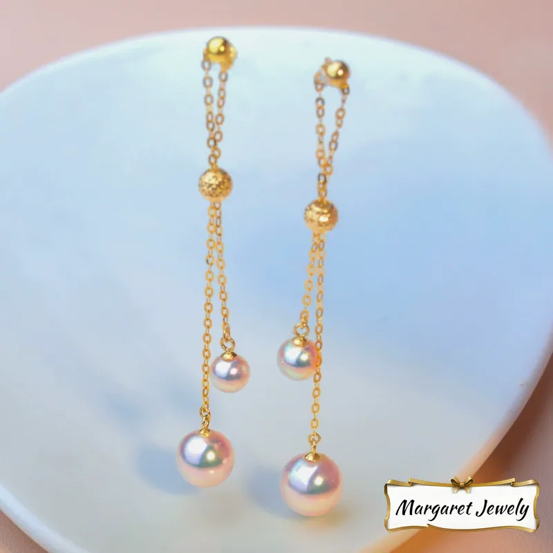 Akoya Pearl Tassel Earrings in 18K Yellow Gold with 4.5-7.5 mm Pearls
