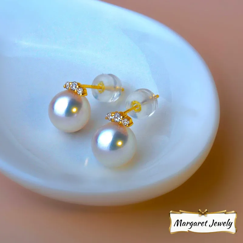 Akoya Pearl Stud Earrings in 18K Yellow Gold with 6-8.5 mm Pearls