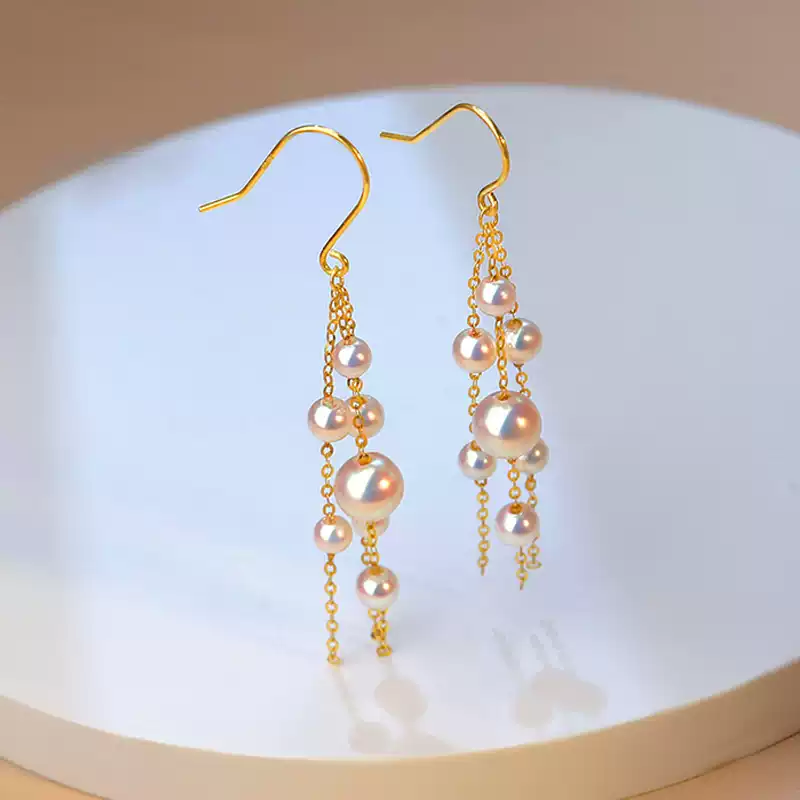 Akoya Pearl Tassel Earrings in 18K Yellow Gold with 3-6.5 mm Pearls