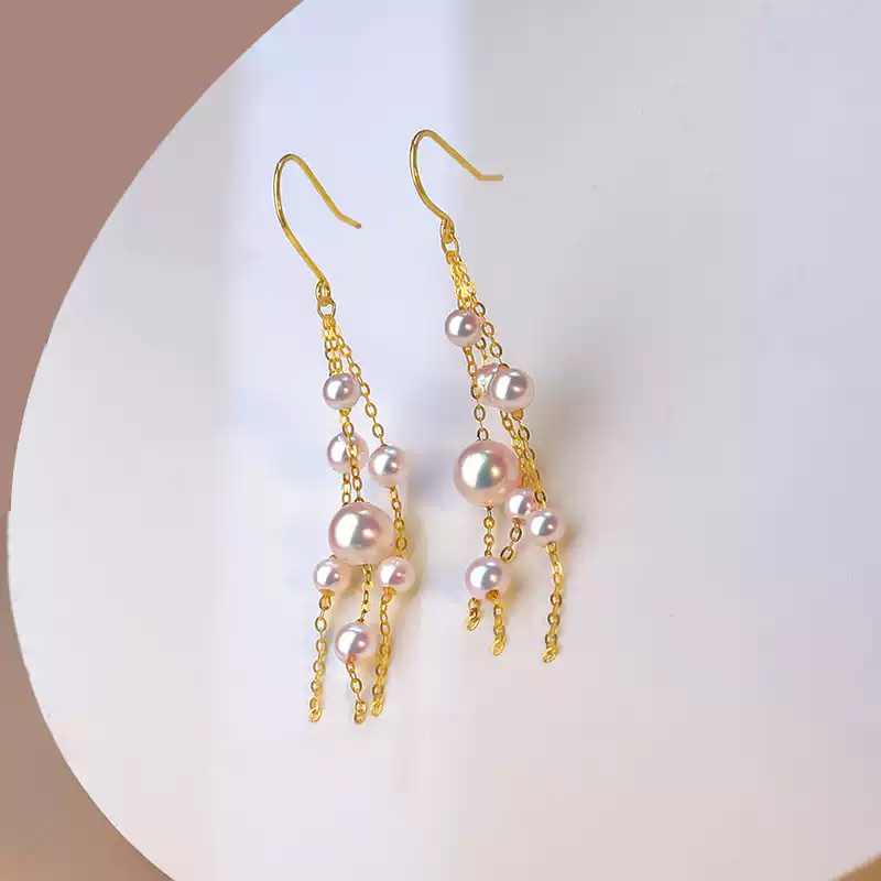 Akoya Pearl Tassel Earrings in 18K Yellow Gold with 3-6.5 mm Pearls