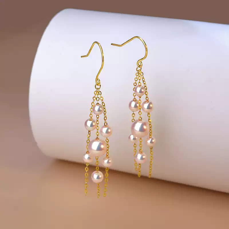 Akoya Pearl Tassel Earrings in 18K Yellow Gold with 3-6.5 mm Pearls