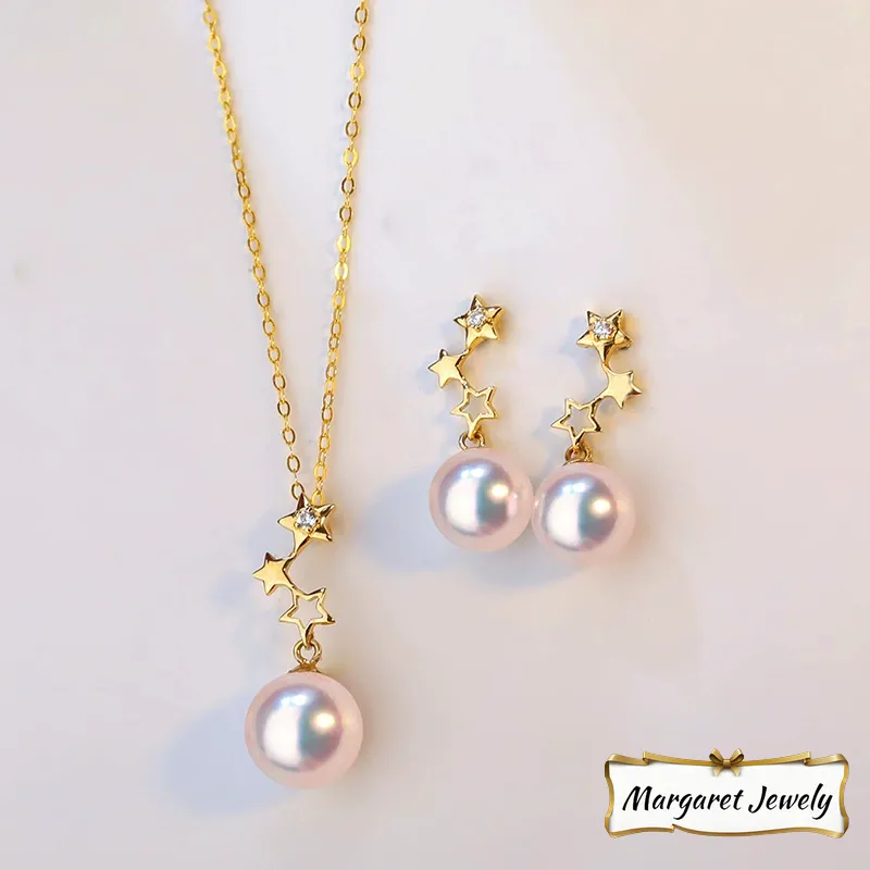 Akoya Pearl Pendant Necklace in 18K Yellow Gold with 7.5-8.5 mm Pearls