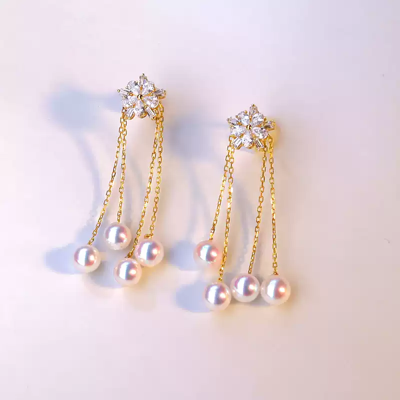 Akoya Elegant Pearl Tassel Earrings in 18K Yellow Gold