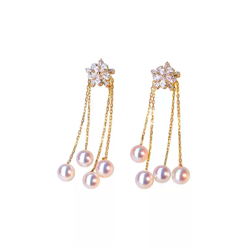 Akoya Elegant Pearl Tassel Earrings in 18K Yellow Gold