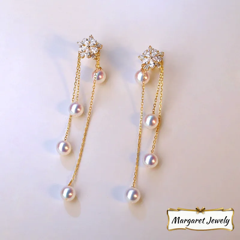 Akoya Elegant Pearl Tassel Earrings in 18K Yellow Gold