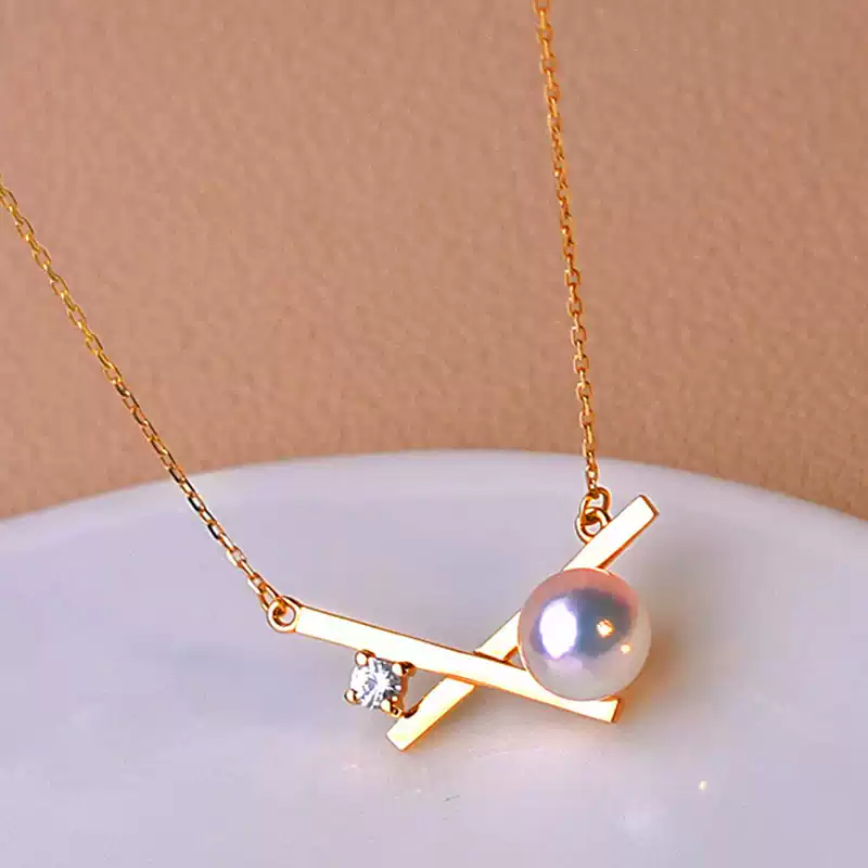 Akoya Chain Pearl Pendant Necklace in 18K Yellow Gold with 6-6.5 mm Pearls