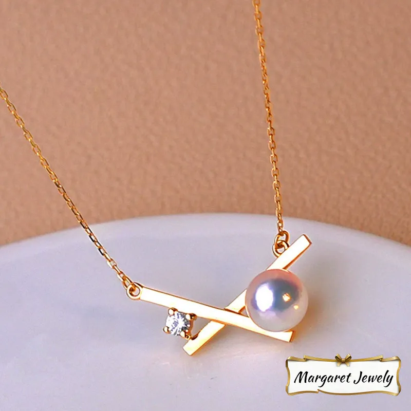 Akoya Chain Pearl Pendant Necklace in 18K Yellow Gold with 6-6.5 mm Pearls