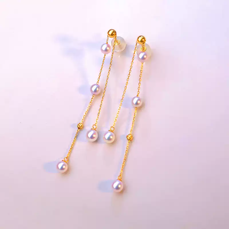 Akoya Baby Pearl Tassel Earrings in 18K Yellow Gold