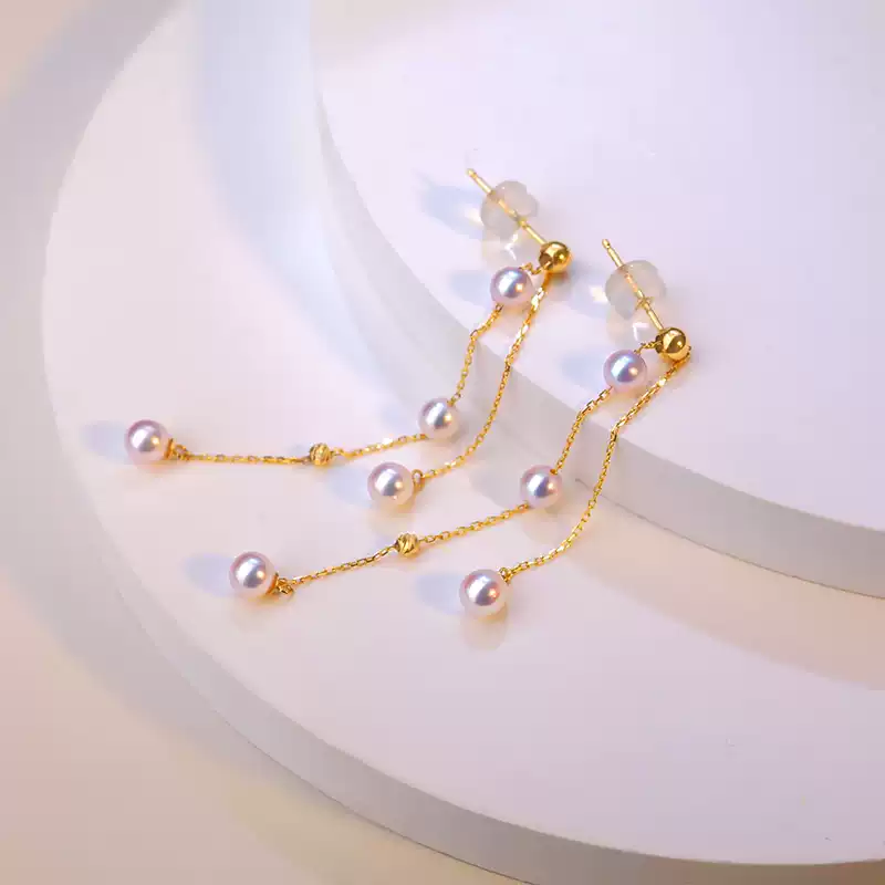 Akoya Baby Pearl Tassel Earrings in 18K Yellow Gold