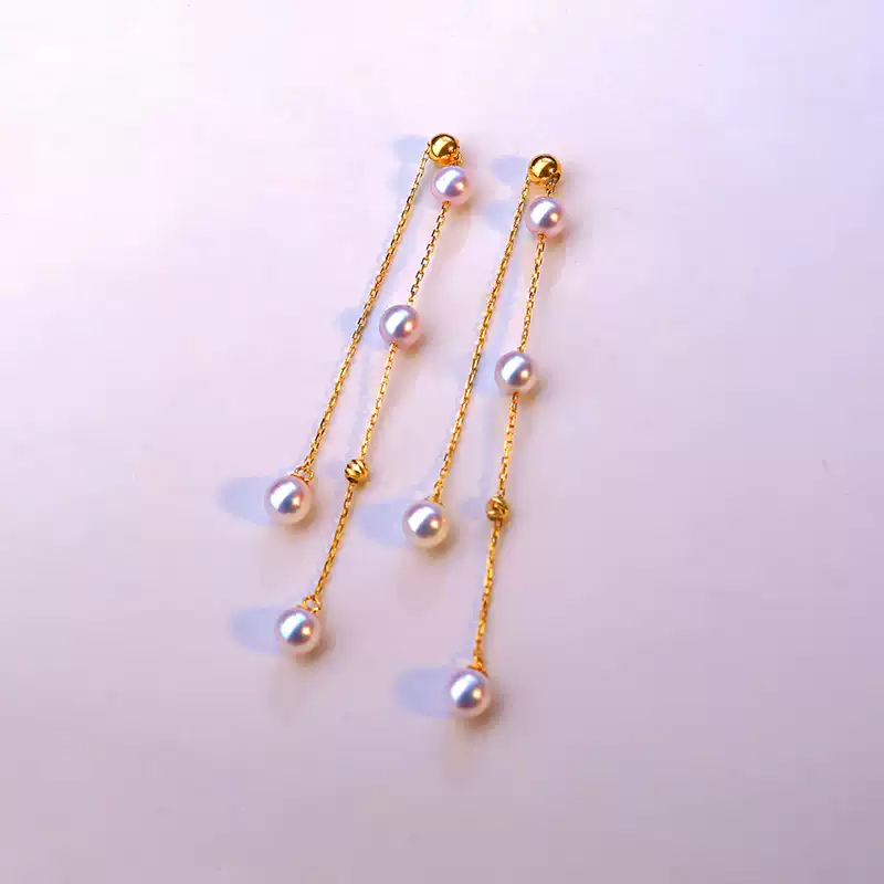 Akoya Baby Pearl Tassel Earrings in 18K Yellow Gold