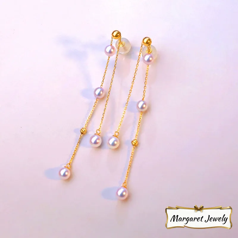 Akoya Baby Pearl Tassel Earrings in 18K Yellow Gold